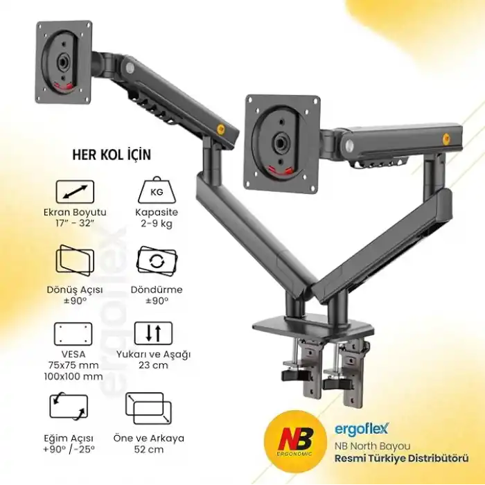 North Bayou NB A5C Ergonomic 17-32 inch Çift Kol 2-9 kg Kapasiteli Yeni Nesil Profosyonel Monitör Standı (Siyah)