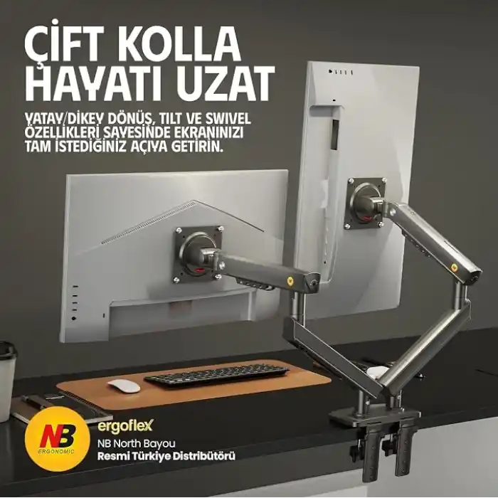 North Bayou NB A5C Ergonomic 17-32 inch Çift Kol 2-9 kg Kapasiteli Yeni Nesil Profosyonel Monitör Standı (Siyah)