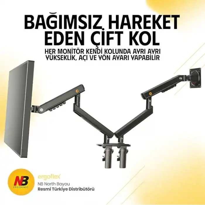 North Bayou NB A5C Ergonomic 17-32 inch Çift Kol 2-9 kg Kapasiteli Yeni Nesil Profosyonel Monitör Standı (Siyah)