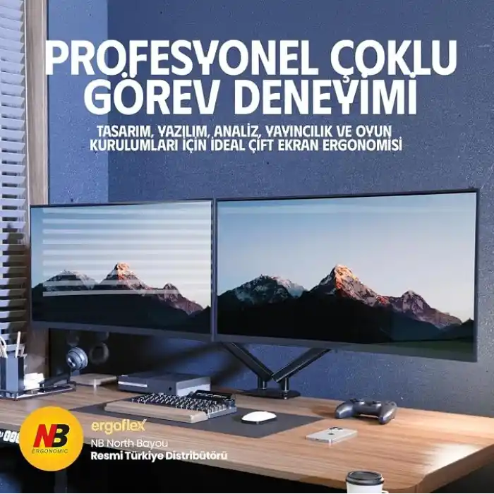 North Bayou NB A5C Ergonomic 17-32 inch Çift Kol 2-9 kg Kapasiteli Yeni Nesil Profosyonel Monitör Standı (Siyah)