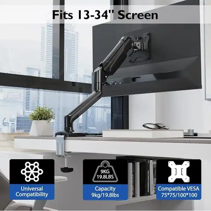 BONTEC 13-32 İnç Gazlı Amortisörlü Tekli Monitör Kolu, 9 kg’a Kadar, Tam Hareketli, VESA 75x75/100x100