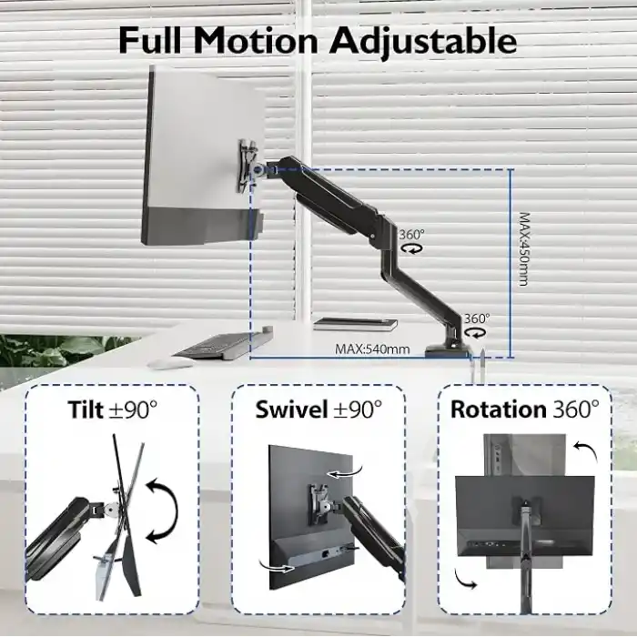 BONTEC 13-32 İnç Gazlı Amortisörlü Tekli Monitör Kolu, 9 kg’a Kadar, Tam Hareketli, VESA 75x75/100x100