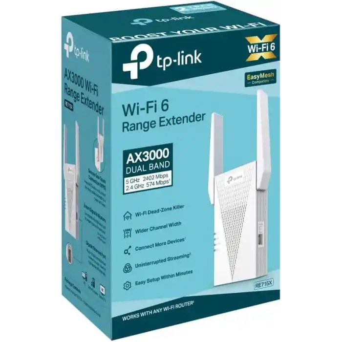 TP‑Link RE715X | AX3000 Mesh Wi‑Fi 6 Extender | Çift Bant 3.0 Gbps | EasyMesh Uyumluluk | Smart Roaming | Gigabit Ethernet | WPS & Tether Uyumlu