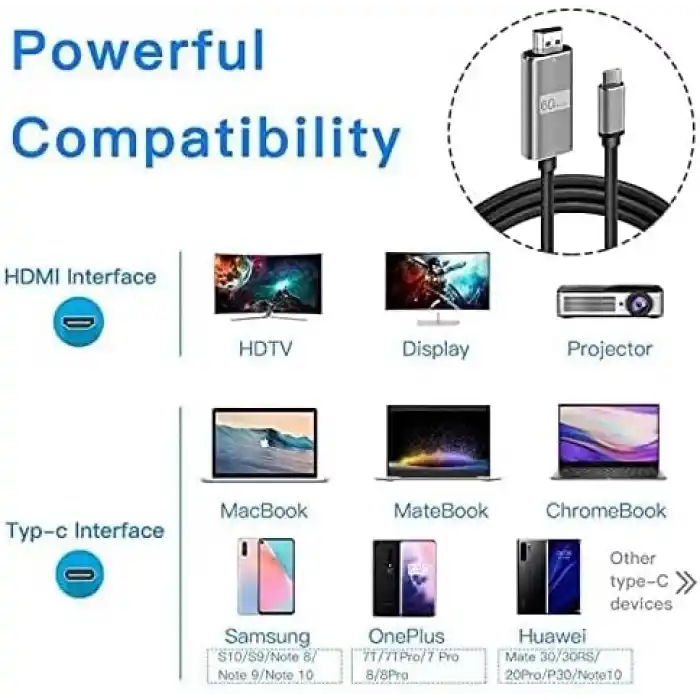 Daytona HC-01 Type-C to 4K Ultra Full HD HDMI USB-C Tak Çalıştır Macbookile ipadile telefon ile uyumlu Görüntü Aktarım Kablosu-1.8m