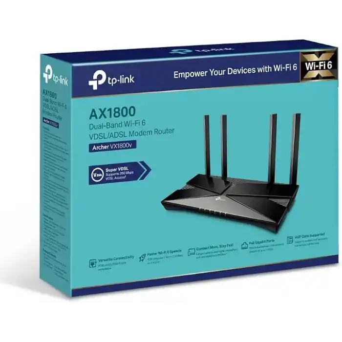 TP-Link Archer VX1800v, AX1800 Mbps Çift Bantlı Fiber Destekli Wi-Fi 6 VDSL/ADSL Modem Router, 4 Gigabit LAN Portları + 1 USB 2.0 Port, MU-MIMO, Super VDSL, Tether Uygulaması ile Kolay Kurulum