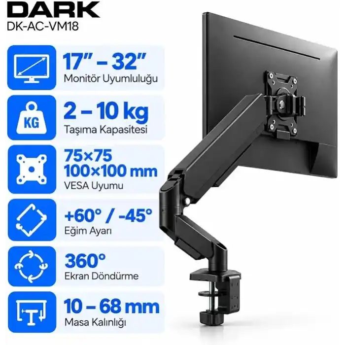 Dark VM18 1 Adet Monitör Takılabilen 13-32 Uyumlu Amortisörlü, Masa Monte Monitör Kolu (DK-AC-VM18)