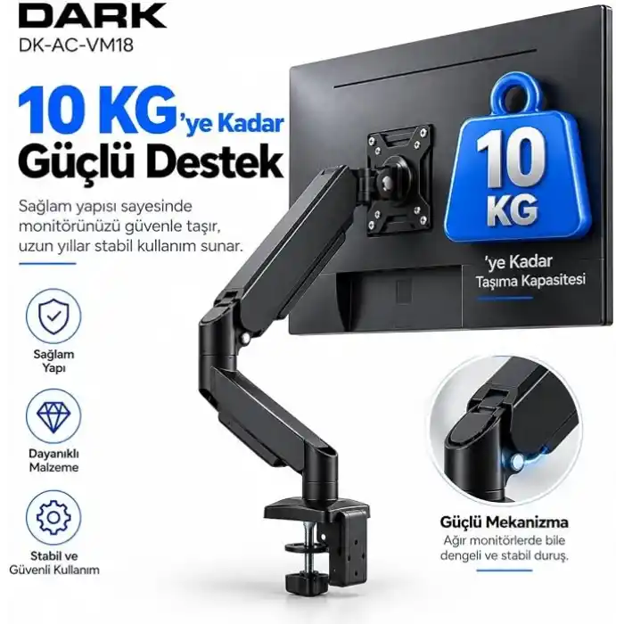 Dark VM18 1 Adet Monitör Takılabilen 13-32 Uyumlu Amortisörlü, Masa Monte Monitör Kolu (DK-AC-VM18)