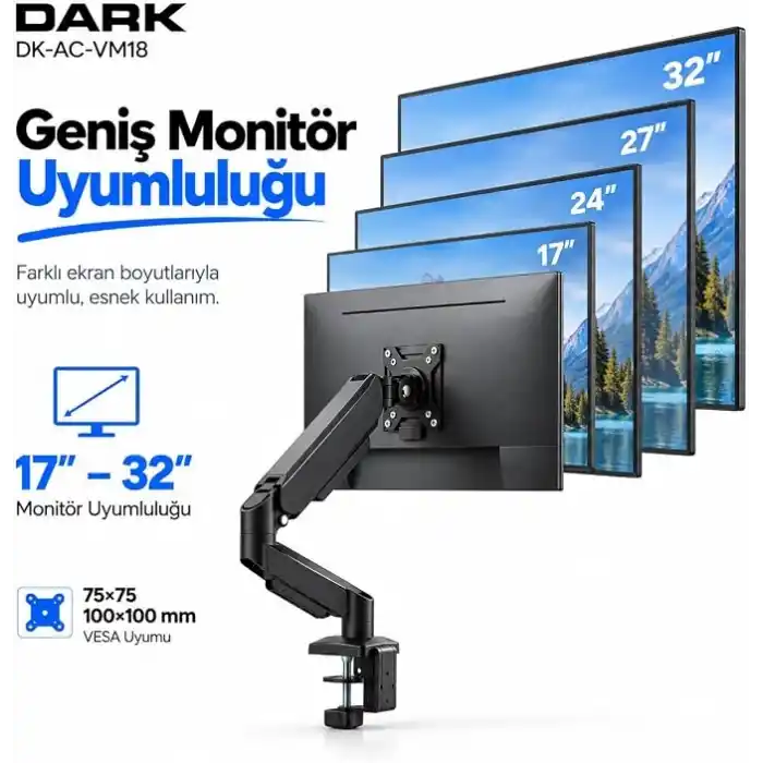 Dark VM18 1 Adet Monitör Takılabilen 13-32 Uyumlu Amortisörlü, Masa Monte Monitör Kolu (DK-AC-VM18)
