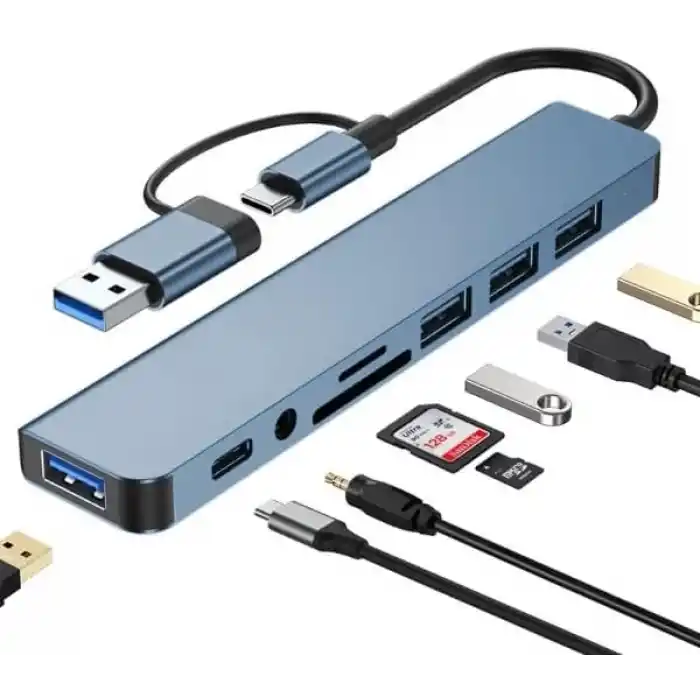 Coverzone Çoklayıcı Adaptör 8 in 1 USB/Type-c To USB A, USB C Macbook uyumlu Çevirici Adaptör Çok Portlu Çoklayıcı 8in1 USB HUB Titanyum Renk BYL2218TU