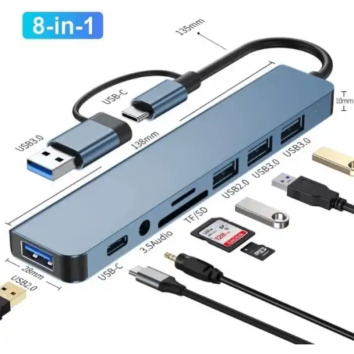 Coverzone Çoklayıcı Adaptör 8 in 1 USB/Type-c To USB A, USB C Macbook uyumlu Çevirici Adaptör Çok Portlu Çoklayıcı 8in1 USB HUB Titanyum Renk BYL2218TU