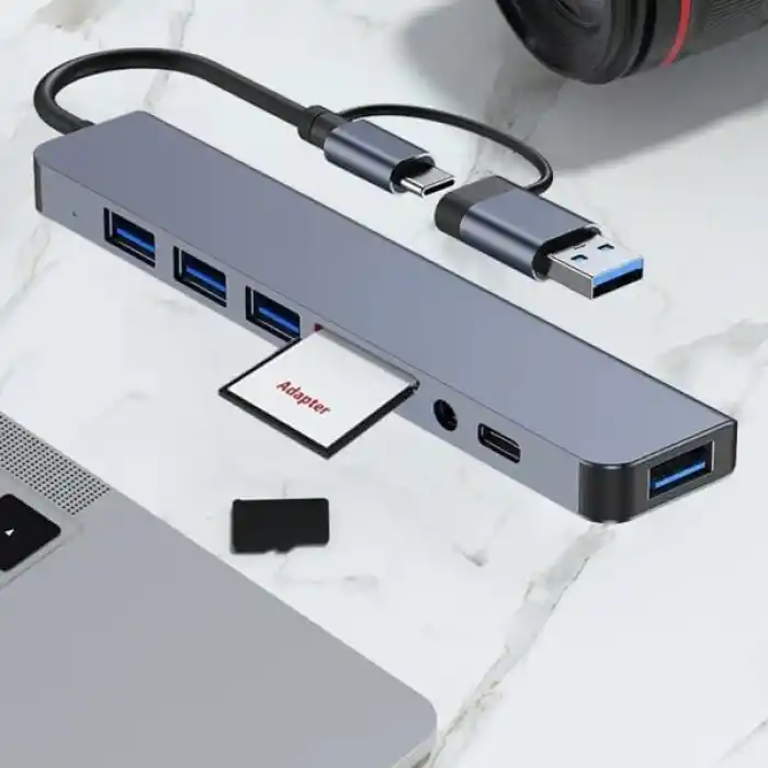 Coverzone Çoklayıcı Adaptör 8 in 1 USB/Type-c To USB A, USB C Macbook uyumlu Çevirici Adaptör Çok Portlu Çoklayıcı 8in1 USB HUB Titanyum Renk BYL2218TU
