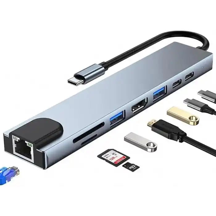 Coverzone 8 in 1 Type C to 2 Port USB 3.0 2 SD Kart TF Kart HDMI RJ45 2PD Kablolu Adaptör iphone 15 Serisi Uyumlu Type C Girişli Android Cihazlara Uyumlu ZR38