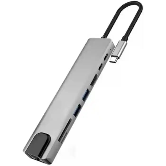 Coverzone 8 in 1 Type C to 2 Port USB 3.0 2 SD Kart TF Kart HDMI RJ45 2PD Kablolu Adaptör iphone 15 Serisi Uyumlu Type C Girişli Android Cihazlara Uyumlu ZR38