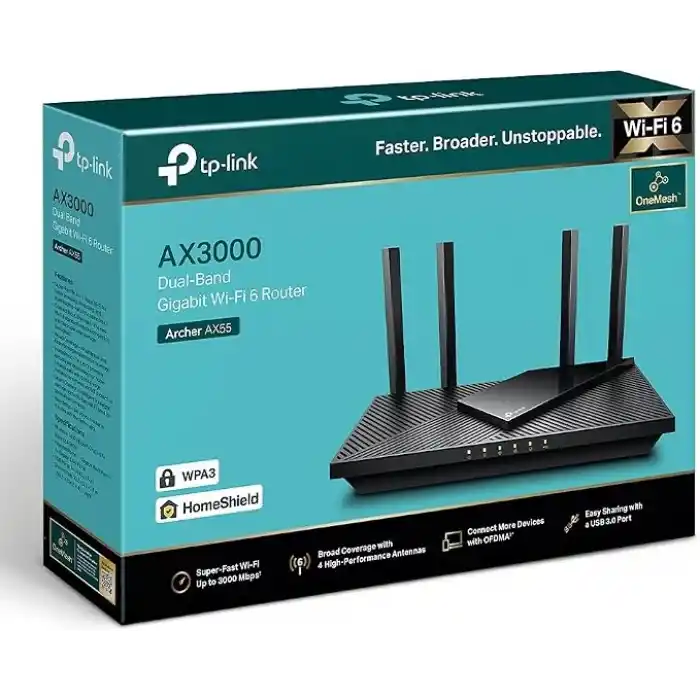 TP-Link Archer AX55, AX3000 Mbps Dual Band Wi-Fi 6 Router, Fiber Destekli, 4× Gigabit LAN Ports, WPA3, 1× USB 3.0 Port, Oyun için İdeal Xbox/PS4/8K Steam