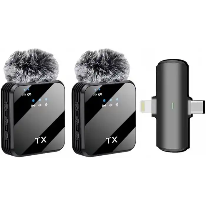 Coverzone Kablosuz Yaka Mikrofonu Çiftli Mikrofon iPhone 15 16 17 ile Uyumlu TYPE-C/Lightning Portlu Telefon PC Tablet Video Kayıt Röportaj Canlı Yayın Vlog Kablosuz Mikrofon F15-2