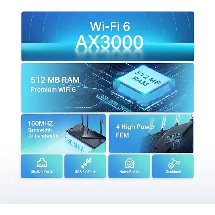 TP-Link Archer AX55, AX3000 Mbps Dual Band Wi-Fi 6 Router, Fiber Destekli, 4× Gigabit LAN Ports, WPA3, 1× USB 3.0 Port, Oyun için İdeal Xbox/PS4/8K Steam