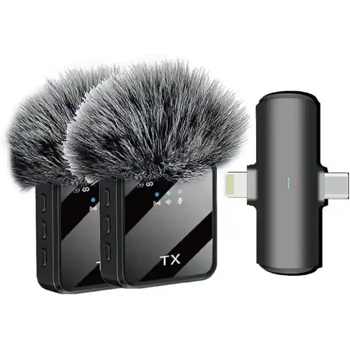 Coverzone Kablosuz Yaka Mikrofonu Çiftli Mikrofon iPhone 15 16 17 ile Uyumlu TYPE-C/Lightning Portlu Telefon PC Tablet Video Kayıt Röportaj Canlı Yayın Vlog Kablosuz Mikrofon F15-2