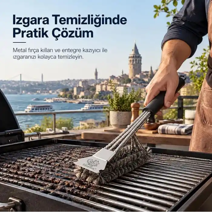 Bluefox Paslanmaz Çelik Izgara Mangal Temizleme Fırçası | Kazıyıcılı, 360º Kapsamlı, 3 Başlı, Ergonomik Tutacaklı Barbekü Fırçası