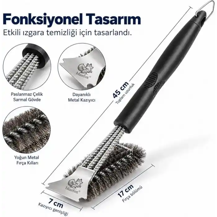 Bluefox Paslanmaz Çelik Izgara Mangal Temizleme Fırçası | Kazıyıcılı, 360º Kapsamlı, 3 Başlı, Ergonomik Tutacaklı Barbekü Fırçası