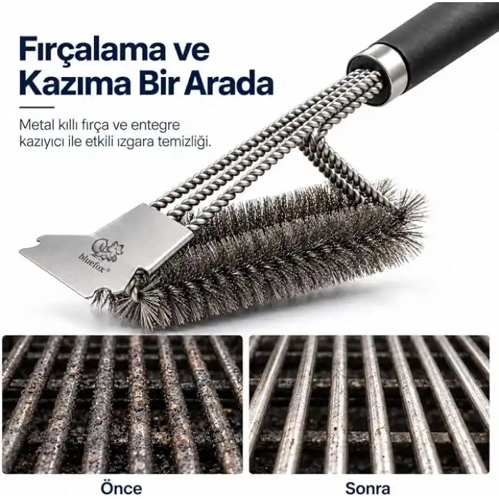 Bluefox Paslanmaz Çelik Izgara Mangal Temizleme Fırçası | Kazıyıcılı, 360º Kapsamlı, 3 Başlı, Ergonomik Tutacaklı Barbekü Fırçası
