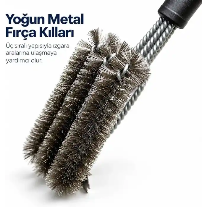 Bluefox Paslanmaz Çelik Izgara Mangal Temizleme Fırçası | Kazıyıcılı, 360º Kapsamlı, 3 Başlı, Ergonomik Tutacaklı Barbekü Fırçası