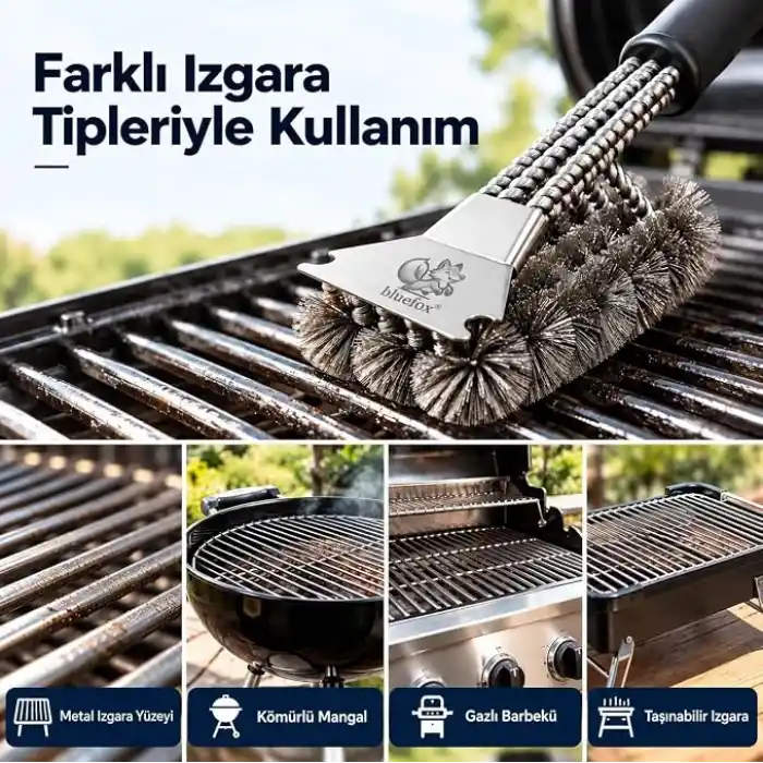 Bluefox Paslanmaz Çelik Izgara Mangal Temizleme Fırçası | Kazıyıcılı, 360º Kapsamlı, 3 Başlı, Ergonomik Tutacaklı Barbekü Fırçası
