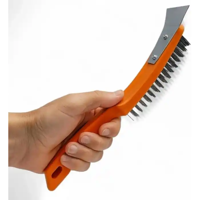 AEE® Spatulalı Çelik Tel Fırça 270 mm Metal Kazıma Temizleme Pas Sökücü Çelik Kıllı El Tipi Nalbur Fırçası Mangal Izgara Temizleyici Kazıyıcı