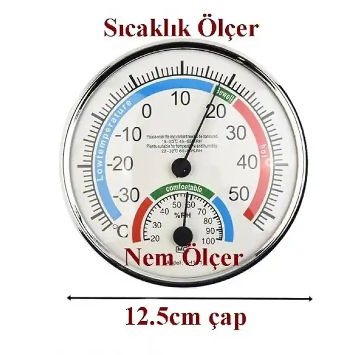 Analog Ekranlı Sıcaklık ve Nem Ölçer Termometre, -30°C ile +50°C Arası, 12.5cm Çap, Bebek Odası için Uygun