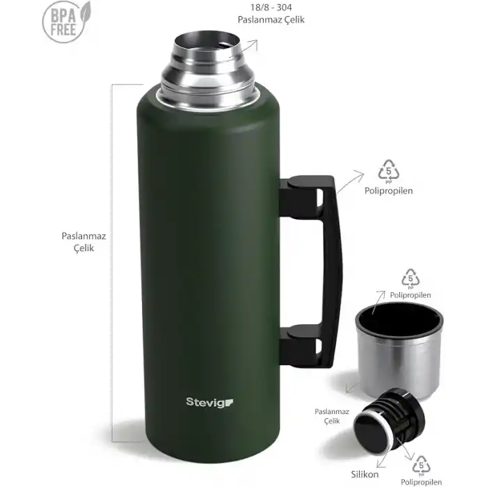 Stevig 4 Camp Klasik Vakumlu Kulplu Çelik Termos 1.5 LT. Green ST-206