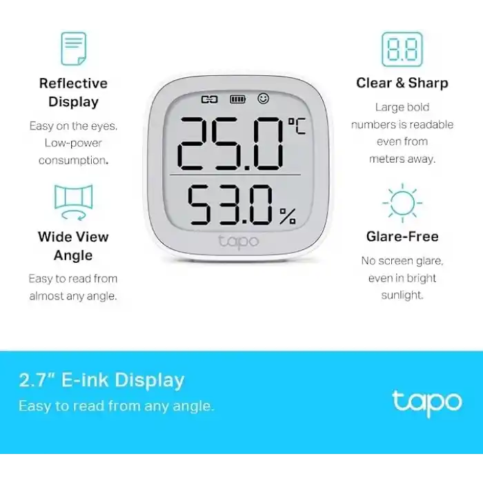 Tapo T315, Akıllı Sıcaklık ve Nem Monitörü, Ücretsiz Veri Depolama, LCD Ekran, Gerçek Zamanlı Bildirimler, Pil Dahildir, Alexa ve Google Home ile Çalışır, Tapo Hub Gereklidir Ayrıca Satılır
