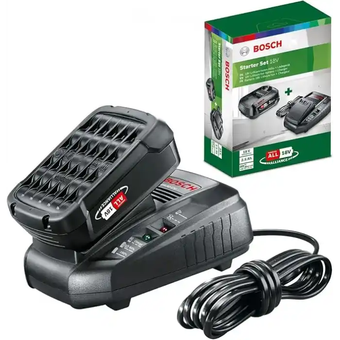 Bosch Home and Garden 18 Volt Akü ve AL 1830 CV Şarj Cihazı Başlangıç Seti, 2.5 Ah Akü, 300l/saat Debi, 0.365 kg