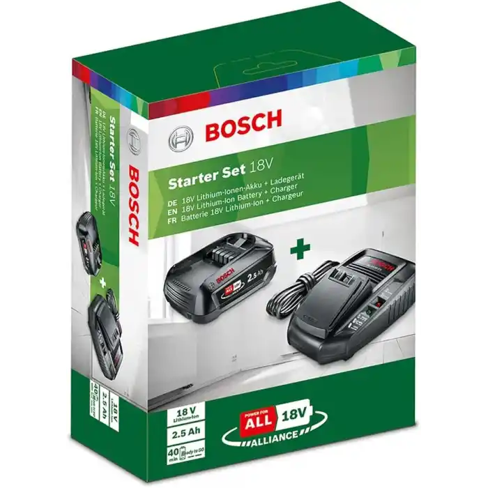 Bosch Home and Garden 18 Volt Akü ve AL 1830 CV Şarj Cihazı Başlangıç Seti, 2.5 Ah Akü, 300l/saat Debi, 0.365 kg