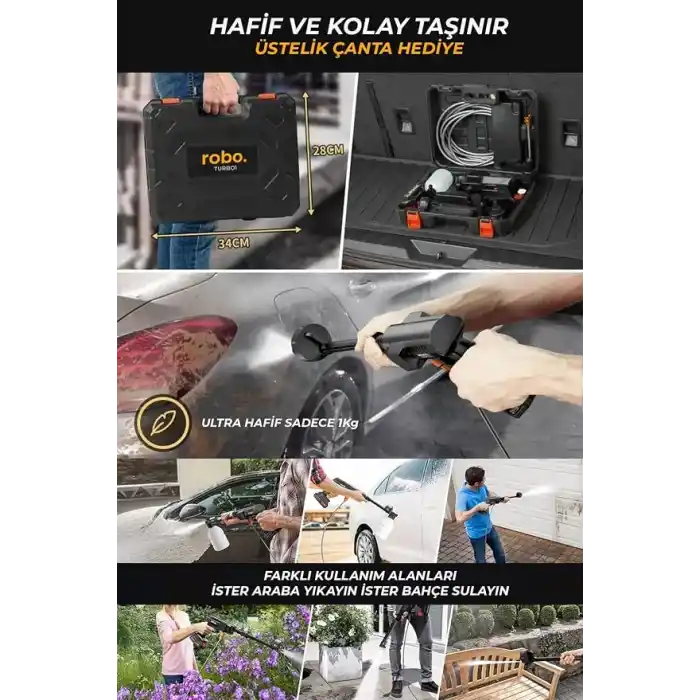 ROBO Turbo 1 Şarjlı 70 Bar Yüksek Basınçlı Oto Yıkama Makinesi Ve Sulama Tabancası