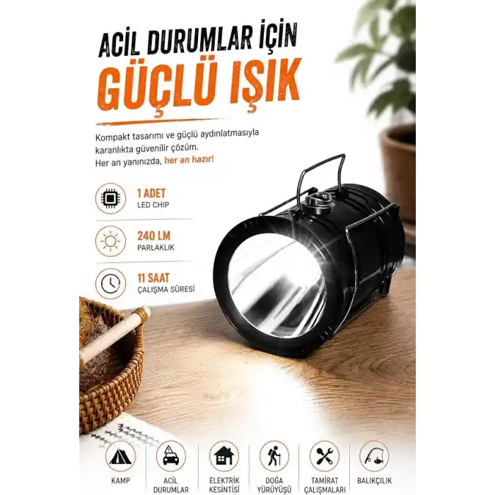 TELVESSE 3 Fonksiyonlu Şarjlı Solarlı Kamp Lambası El Feneri Powerbank Özellikli Taşıma Kulplu Siyah 5800T
