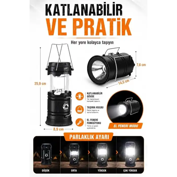 TELVESSE 3 Fonksiyonlu Şarjlı Solarlı Kamp Lambası El Feneri Powerbank Özellikli Taşıma Kulplu Siyah 5800T