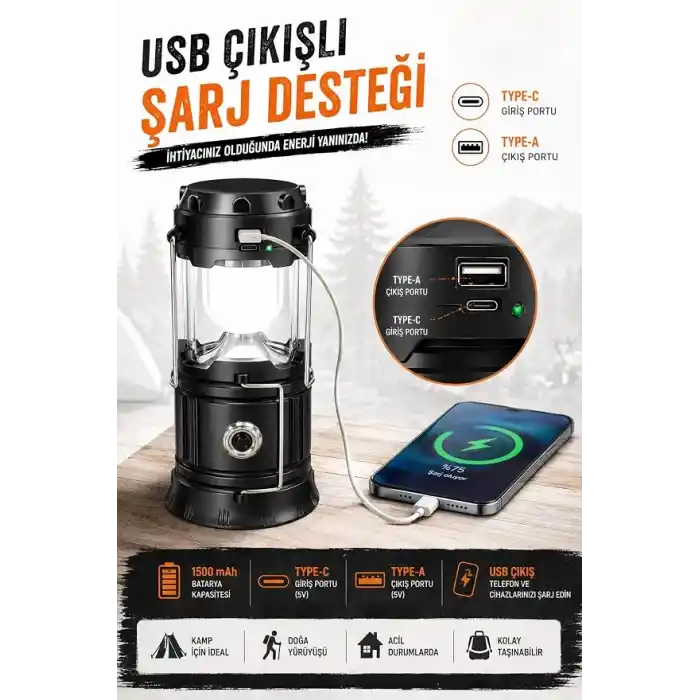 TELVESSE 3 Fonksiyonlu Şarjlı Solarlı Kamp Lambası El Feneri Powerbank Özellikli Taşıma Kulplu Siyah 5800T
