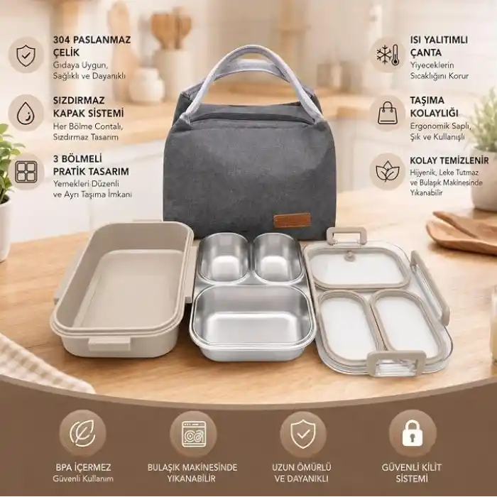 Valkyrie 304 Paslanmaz Çelik 3 Bölmeli Lunch Box Termal Çantalı – Sızdırmaz Kapaklı Beslenme Kabı