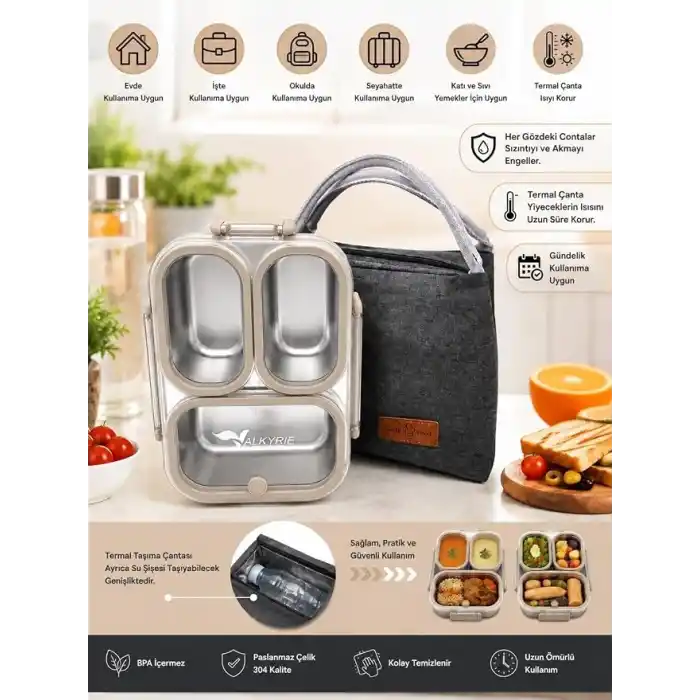 Valkyrie 304 Paslanmaz Çelik 3 Bölmeli Lunch Box Termal Çantalı – Sızdırmaz Kapaklı Beslenme Kabı