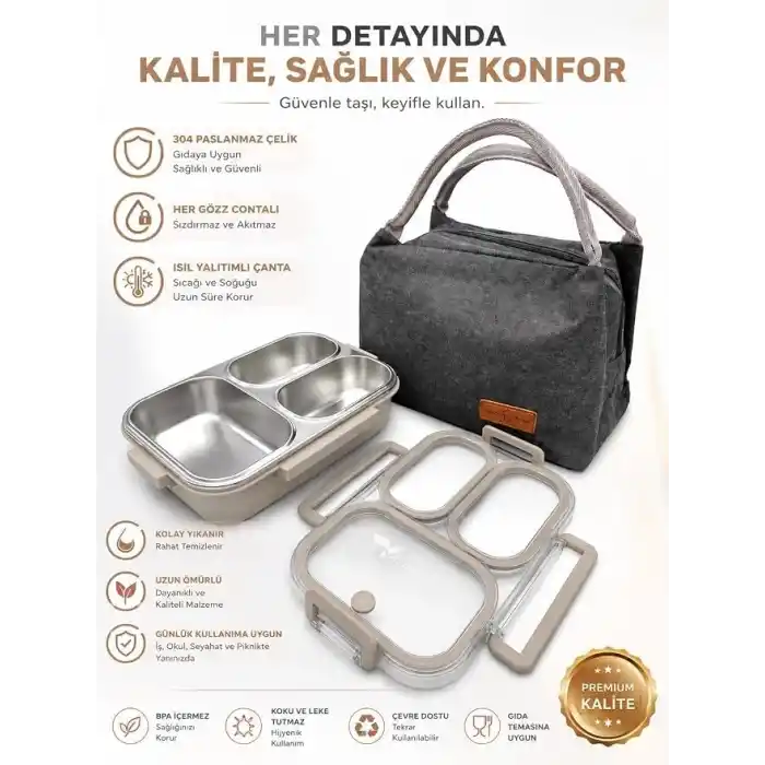 Valkyrie 304 Paslanmaz Çelik 3 Bölmeli Lunch Box Termal Çantalı – Sızdırmaz Kapaklı Beslenme Kabı