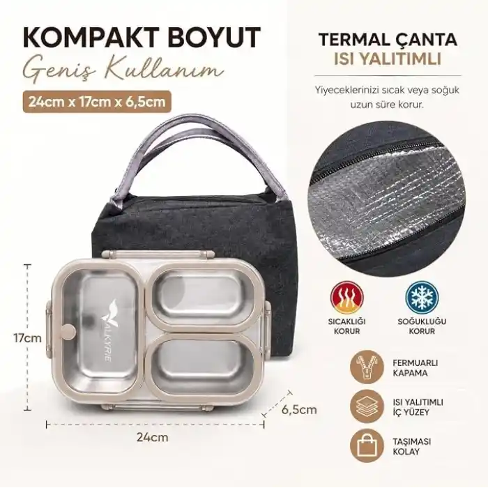 Valkyrie 304 Paslanmaz Çelik 3 Bölmeli Lunch Box Termal Çantalı – Sızdırmaz Kapaklı Beslenme Kabı