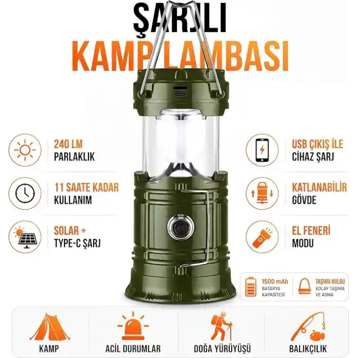 TELVESSE 3 Fonksiyonlu Şarjlı Solarlı Kamp Lambası El Feneri Powerbank Özellikli Taşıma Kulplu Haki 5800T