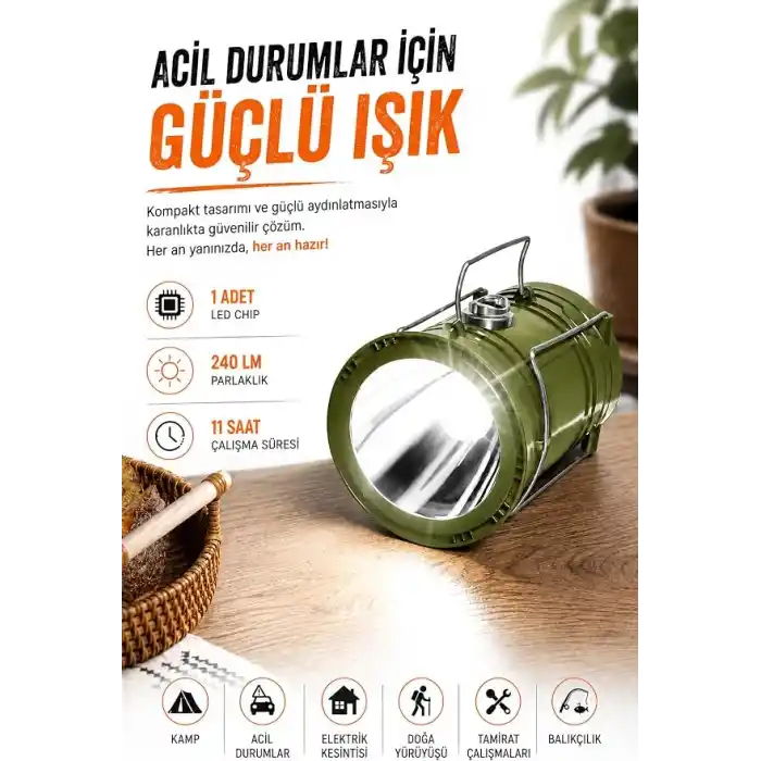 TELVESSE 3 Fonksiyonlu Şarjlı Solarlı Kamp Lambası El Feneri Powerbank Özellikli Taşıma Kulplu Haki 5800T