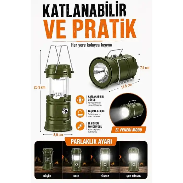 TELVESSE 3 Fonksiyonlu Şarjlı Solarlı Kamp Lambası El Feneri Powerbank Özellikli Taşıma Kulplu Haki 5800T
