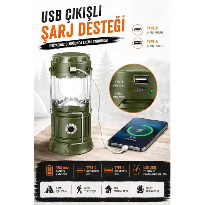 TELVESSE 3 Fonksiyonlu Şarjlı Solarlı Kamp Lambası El Feneri Powerbank Özellikli Taşıma Kulplu Haki 5800T