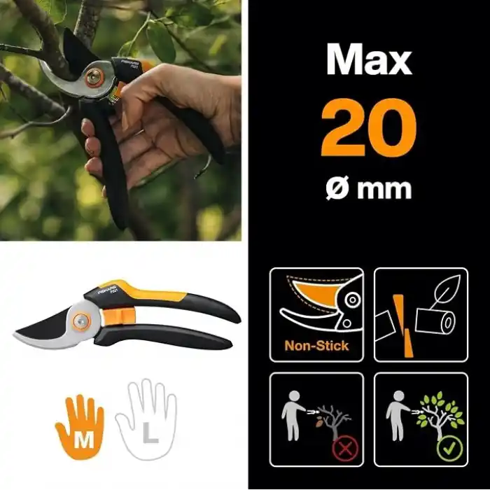Fiskars Bypass M Bahçe Makası, Masif, P321, Taze dallar ve çalılar için, Yapışmaz kaplama, Paslanmaz çelik bıçaklar, Uzunluk: 20,1 cm, Siyah/Turuncu, 1057162