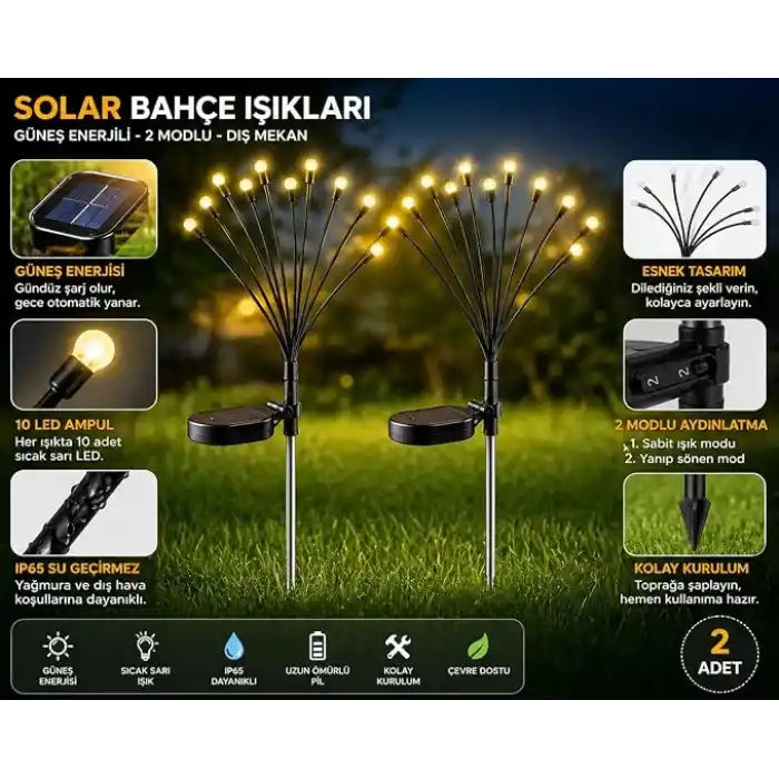 Busstier 2 Adet 8 Ledli Solar Bahçe Işıkları Dış Mekan Peyzaj Aydınlatma 2 Modlu Bahçe Çiti Güneş Enerjili Süs Lambası Sarı Işık Dekoratif Teras Çim Yol Lambası