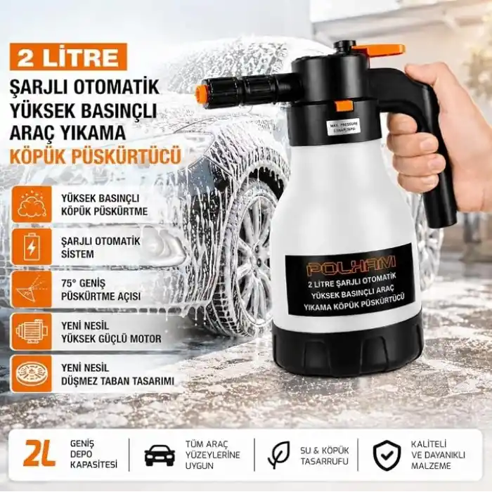 Polham Yeni Nesil 2L Şarjlı Otomatik Basınçlı Araç Yıkama Köpük Püskürtücü, Araç, Jant, Bahçe Yıkama Pompası