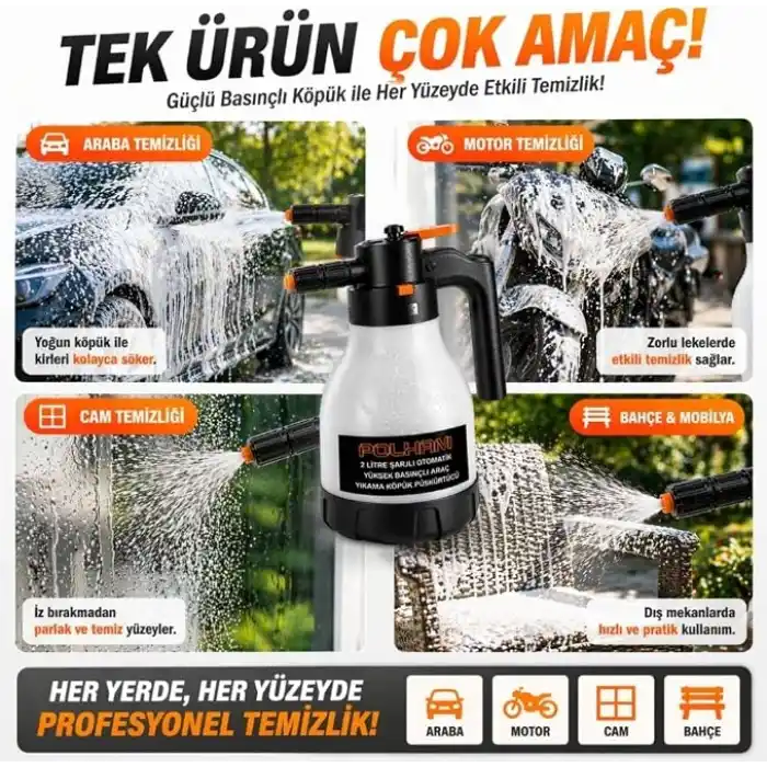Polham Yeni Nesil 2L Şarjlı Otomatik Basınçlı Araç Yıkama Köpük Püskürtücü, Araç, Jant, Bahçe Yıkama Pompası