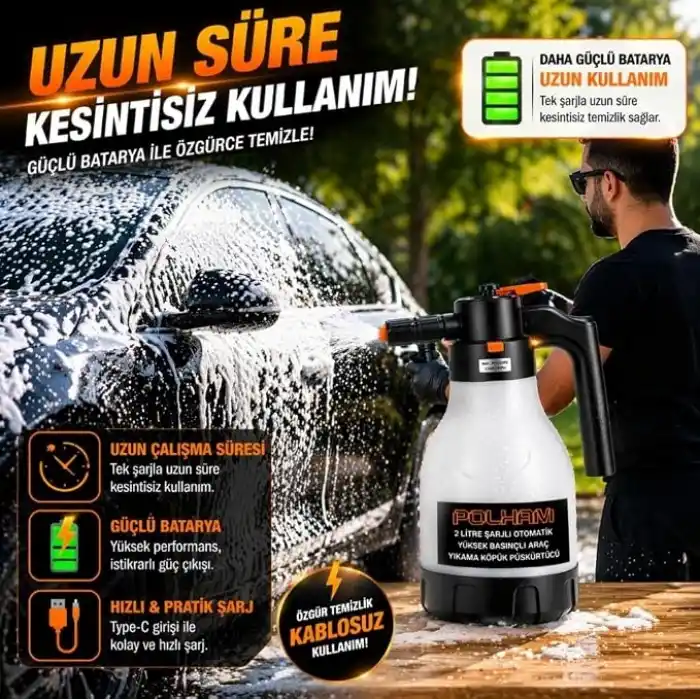 Polham Yeni Nesil 2L Şarjlı Otomatik Basınçlı Araç Yıkama Köpük Püskürtücü, Araç, Jant, Bahçe Yıkama Pompası