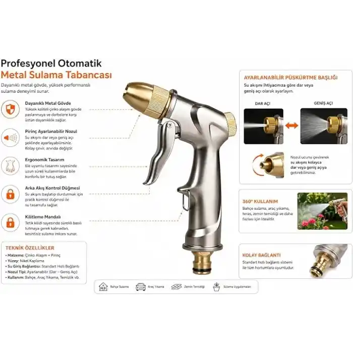 Profesyonel Otomatik Metal Sulama Tabancası, Çinko Alaşım ve Pirinç, Ayarlanabilir Nozul, Nikel Kaplama, Bahçe ve Araç Yıkama